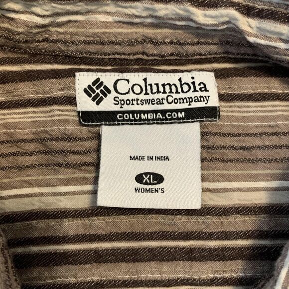 Columbia Shirt Womens XL Brown Tan Stripe Long Sleeve Button Front Casual - Picture 2 of 7
